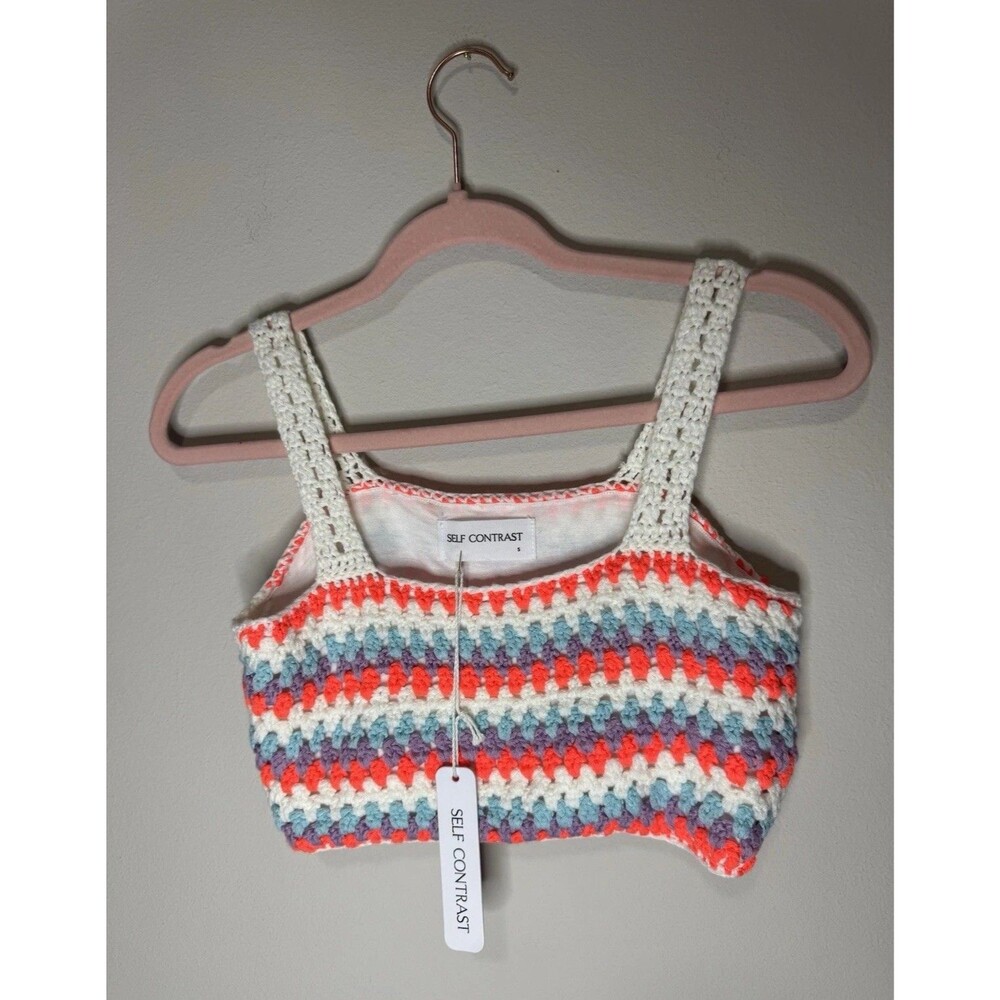 Self Contrast Multicolor Striped Crochet Square Neck Sleeveless Crop Top S